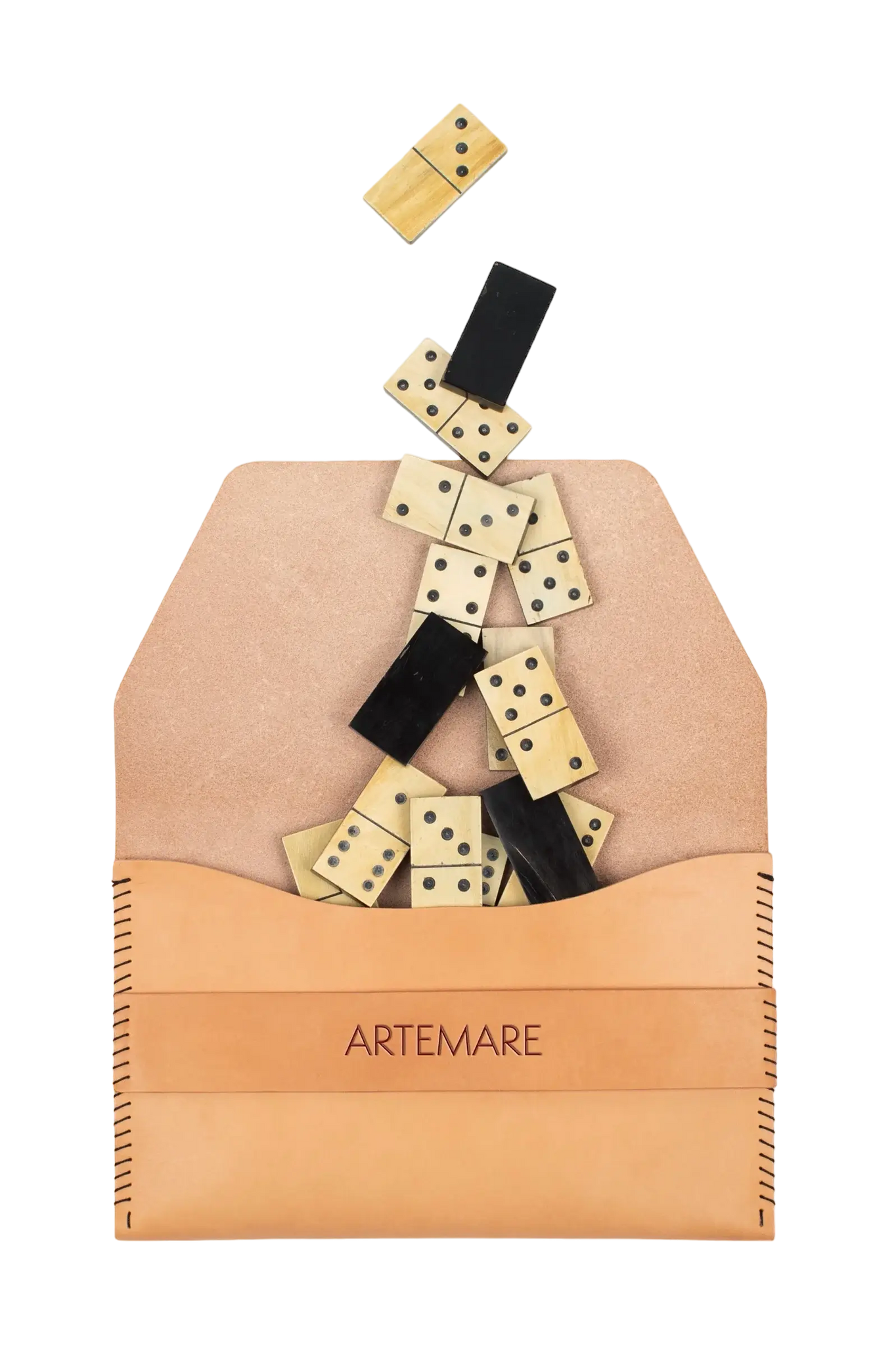 Artemare's designer domino set showing the handcrafted domino pieces and a luxury leather case